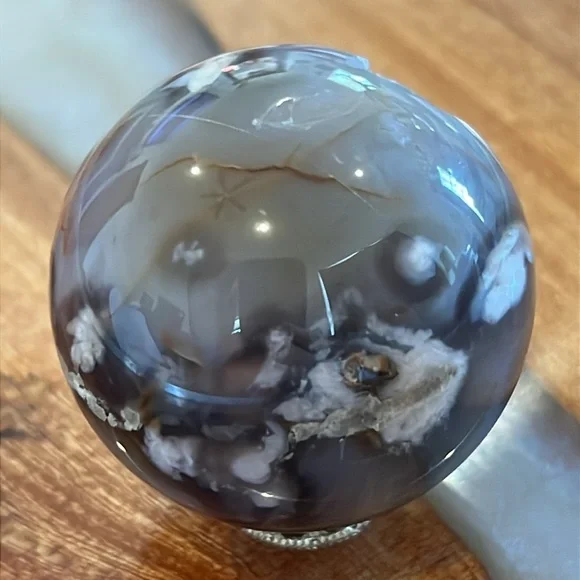 Black Flower Agate Gemstone/ Crystal Sphere NWOT